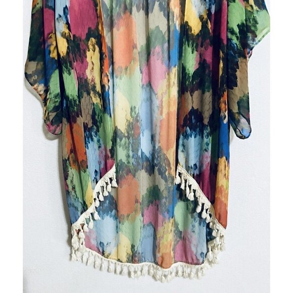Judith March Womens Medium Kimono Top Fringe Trim Watercolor Print Sheer Boho - Picture 2 of 8